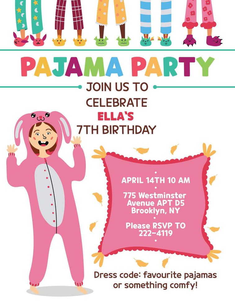 invitación de fiesta de pijamas para niños conejo kigurumi vector