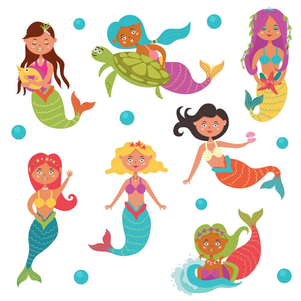 Set of bright baby mermaids vector