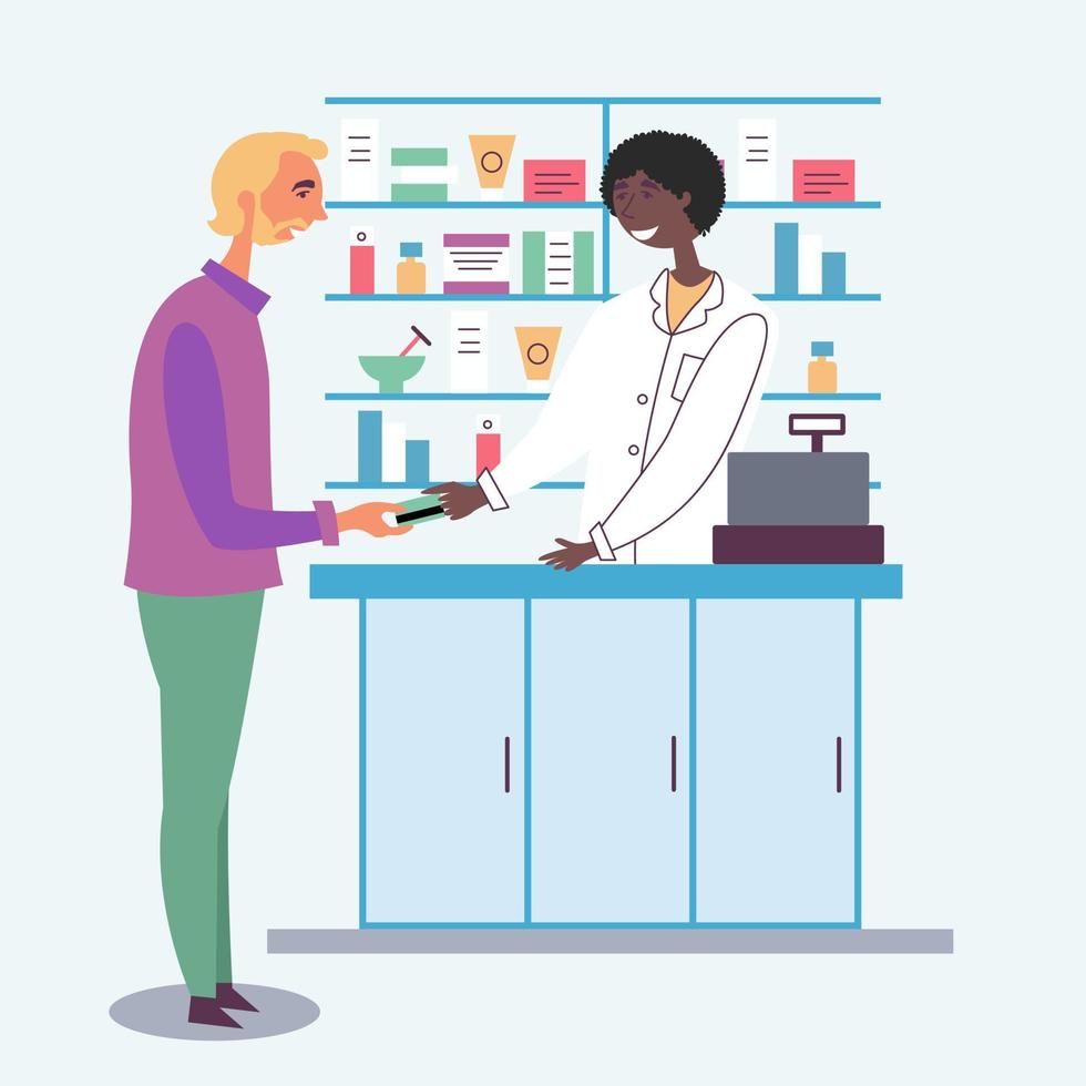 Pharmacist guy accepts payment from the customer. Payment by credit debit card. Seller of medicines. The modern pharmacy. Cash register vector