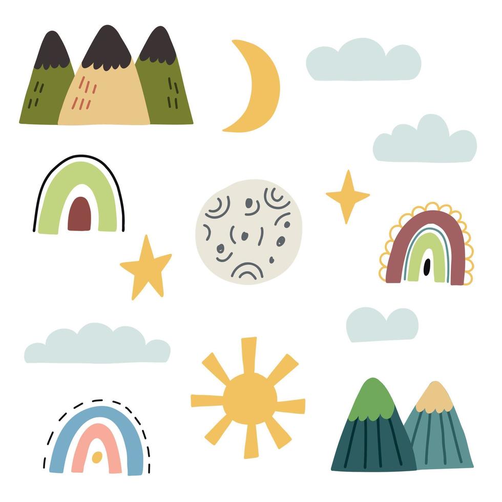 Set natural elements moon sun stars clouds mountains vector
