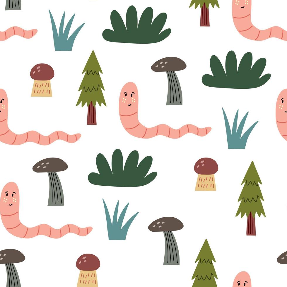 Seamless children pattern forest worm mushrooms vector