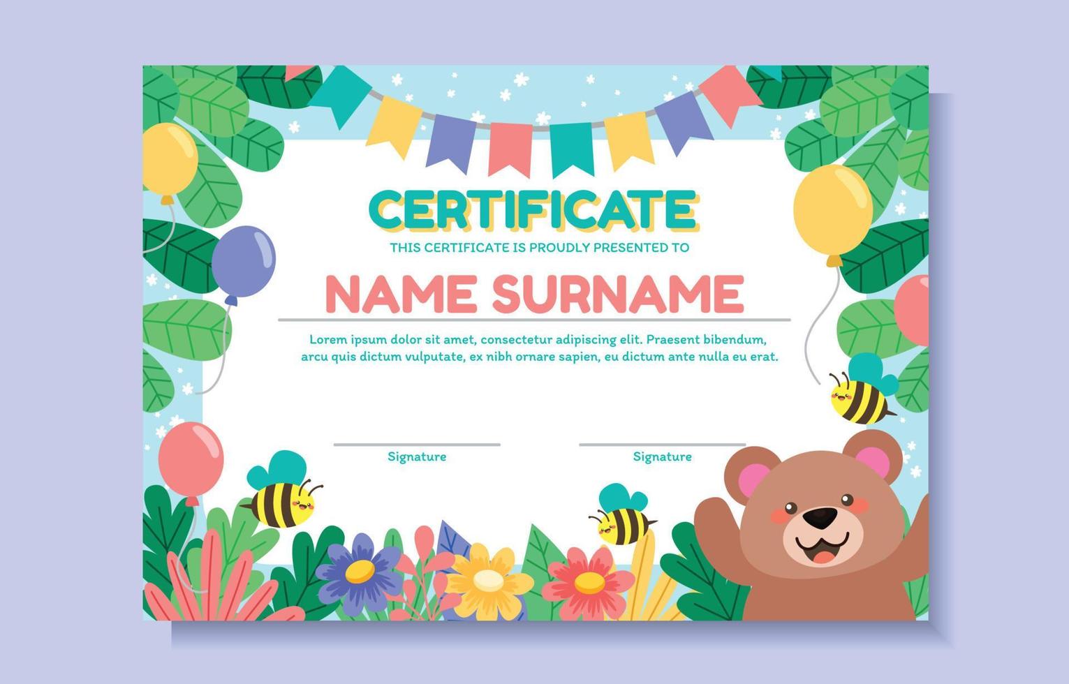 lindo certificado de oso y abeja para niños vector