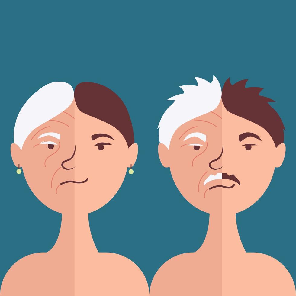 Male and female antiage face. Comparison of old age and youth. Age show transience vector