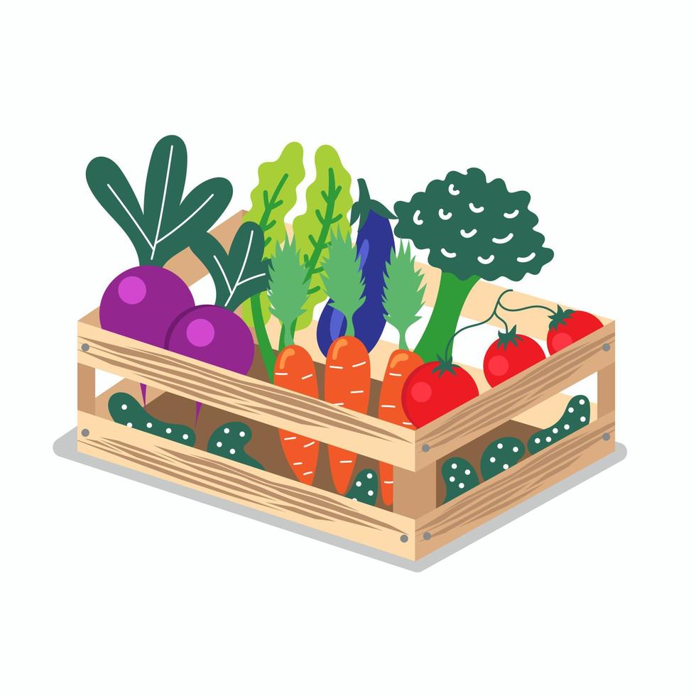 Wooden box with useful vegetables. Local production. Environmentally friendly products. Farming vector