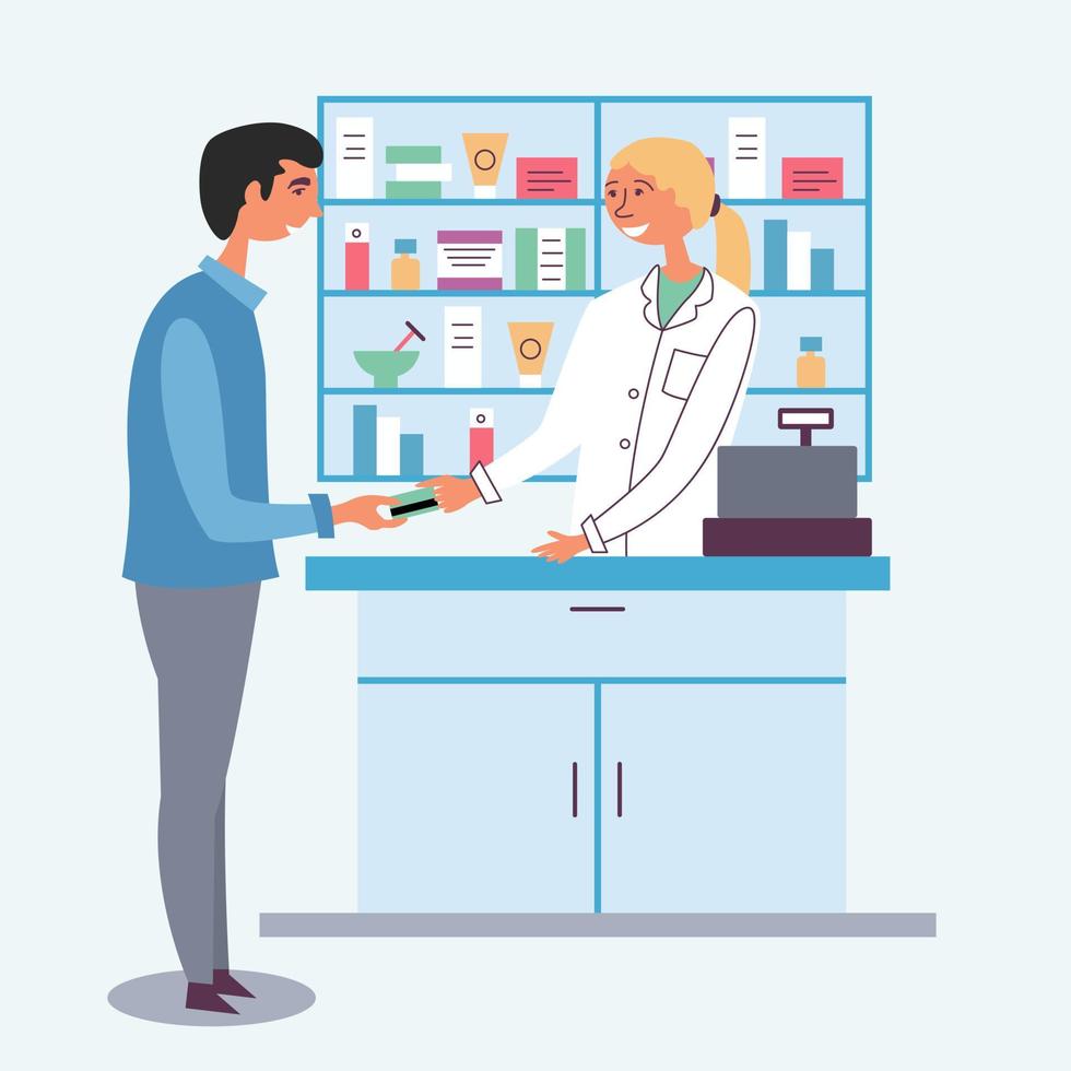 Pharmacist girl accepts payment from customer. Payment by credit debit card. Seller of medicines. The modern pharmacy. Cash register vector