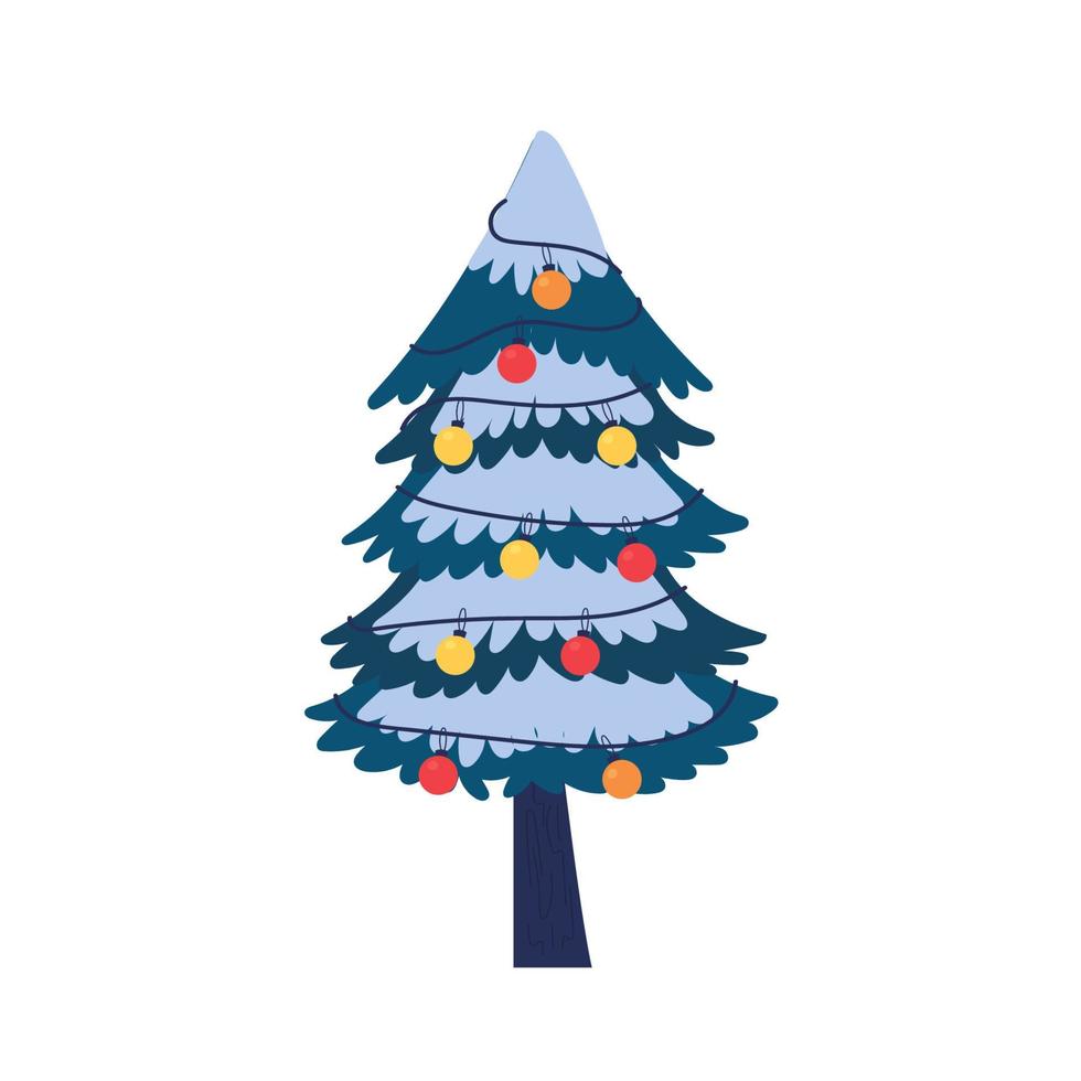 árbol de navidad cubierto de nieve con adornos navideños vector