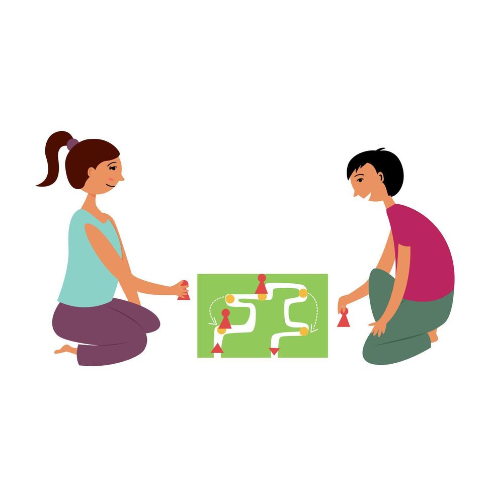 Children girl and boy play a board game. Children activity game. Vector editable illustration