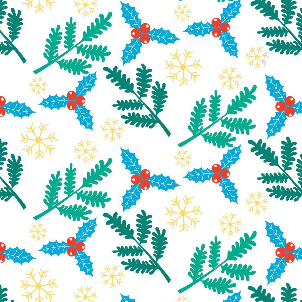 Christmas New Year pattern of coniferous branches of snowflakes holly holly. Festive background vector