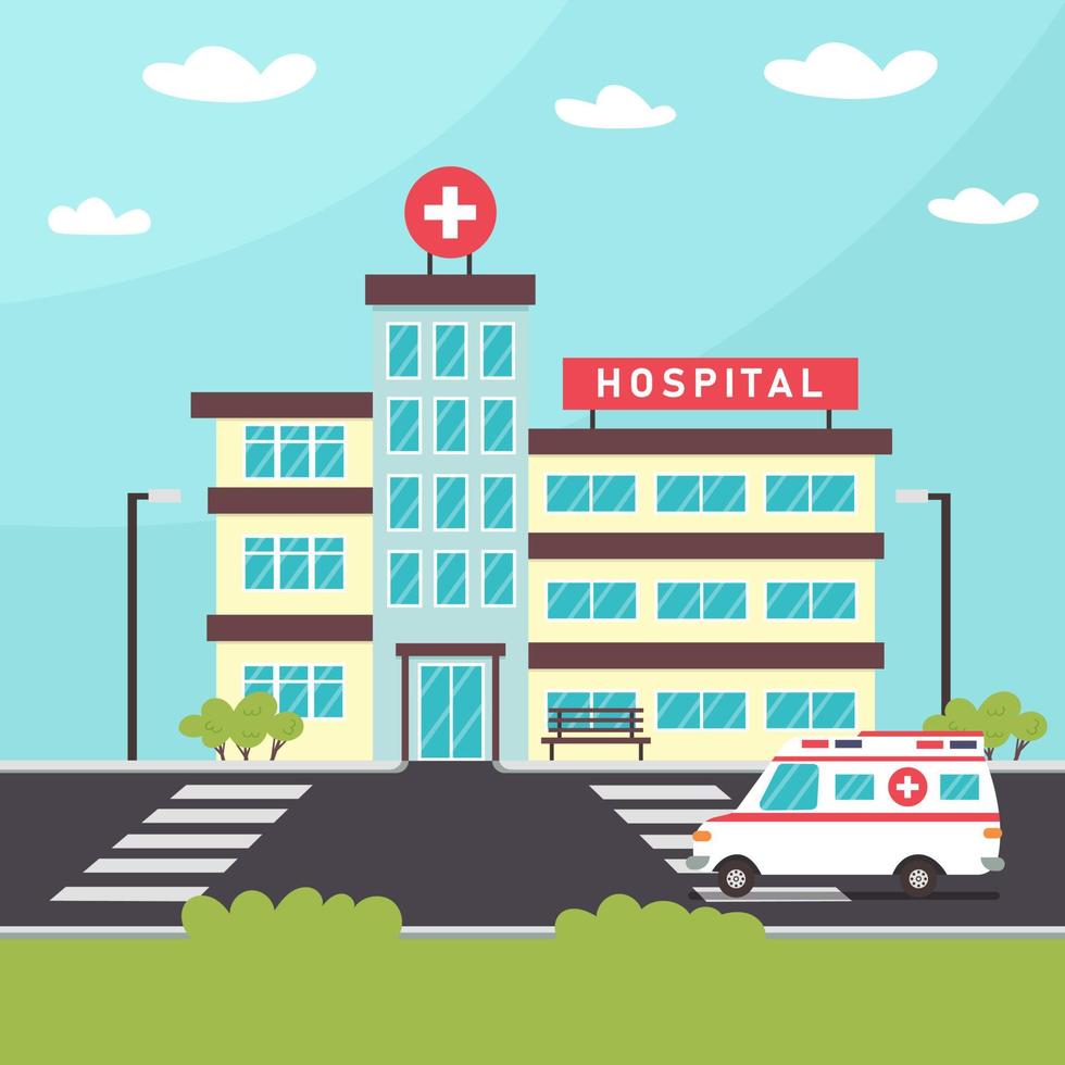 Hospital outside city background and ambulance nearby. vector