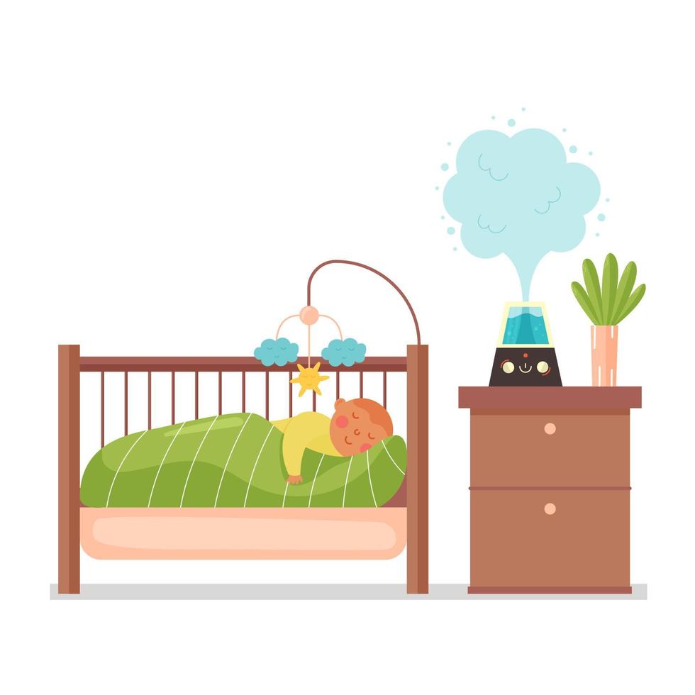 The baby sleeps with a humidifier in the nursery vector