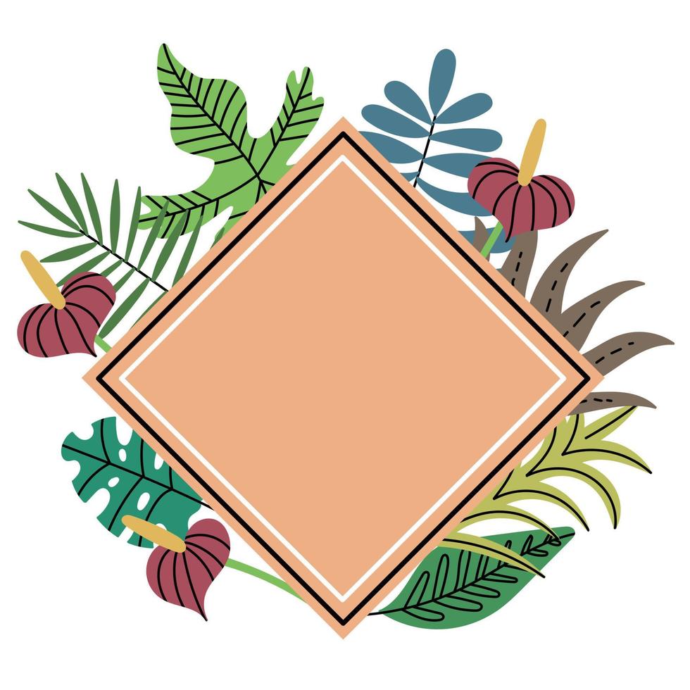 Diamond-shaped frame of tropical jungle plant. Peach rhombus frame. Exotic leaves. Vector editable illustration