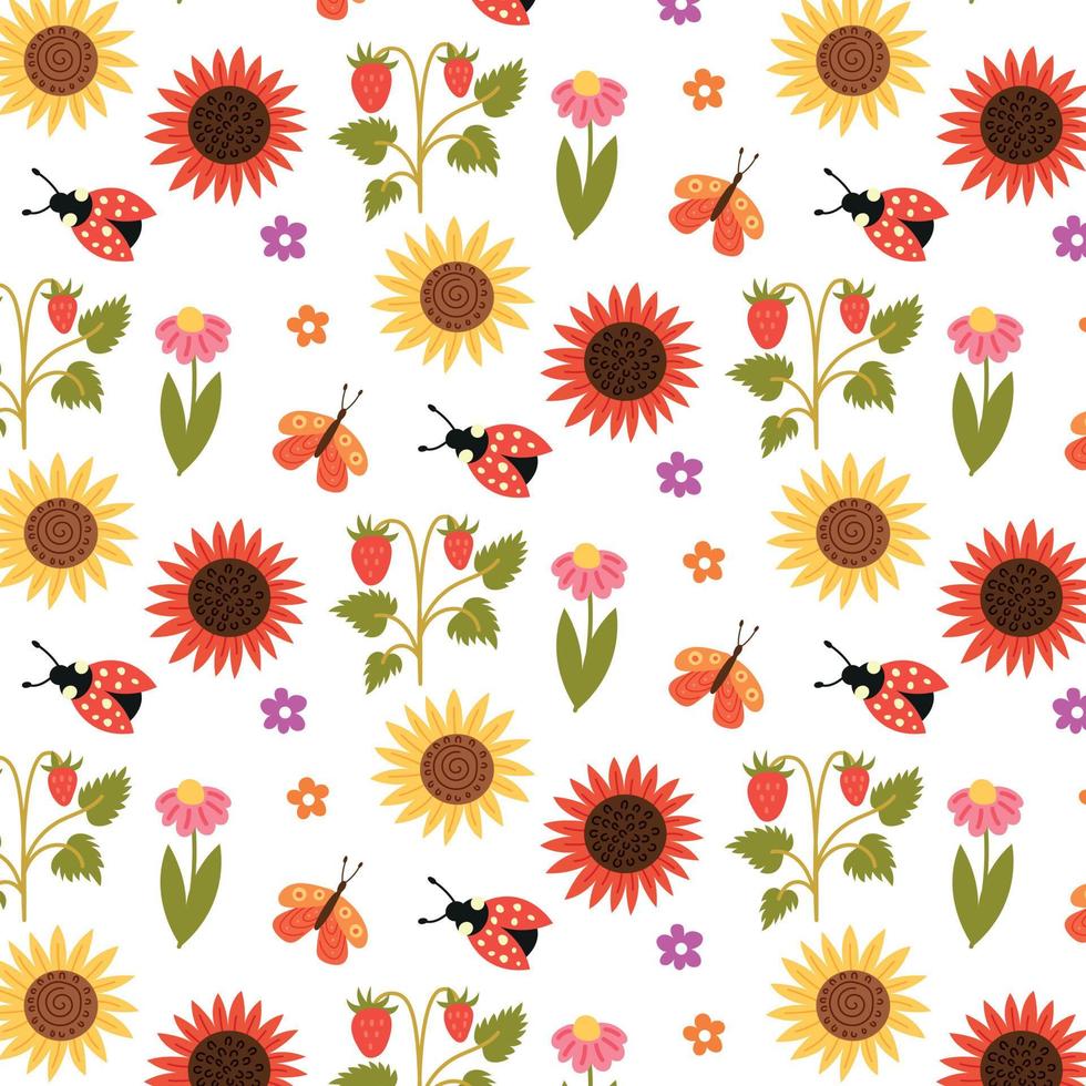 seamless, patrón, girasoles, fresas, flores, insectos vector