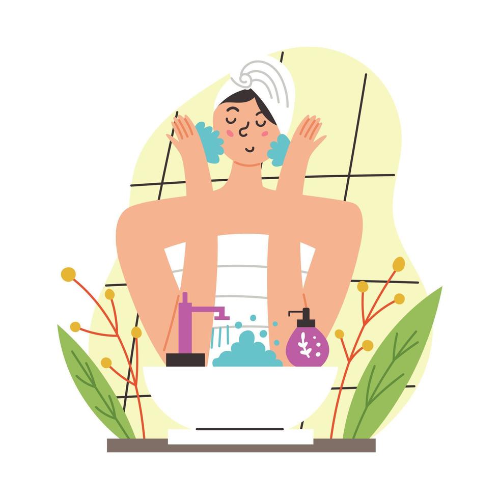 Girl washes her face vector