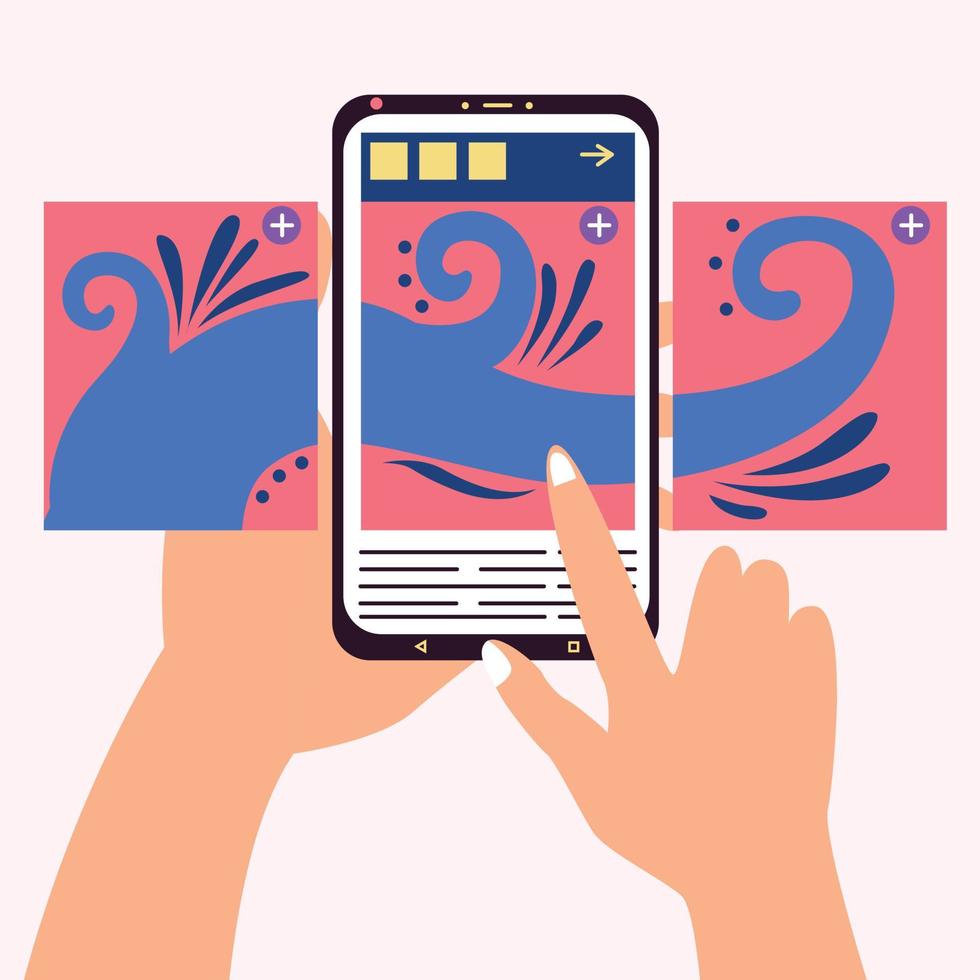 Carousel post in the center of the phone. Hand flips through the posts in the social network on the smartphone screen vector
