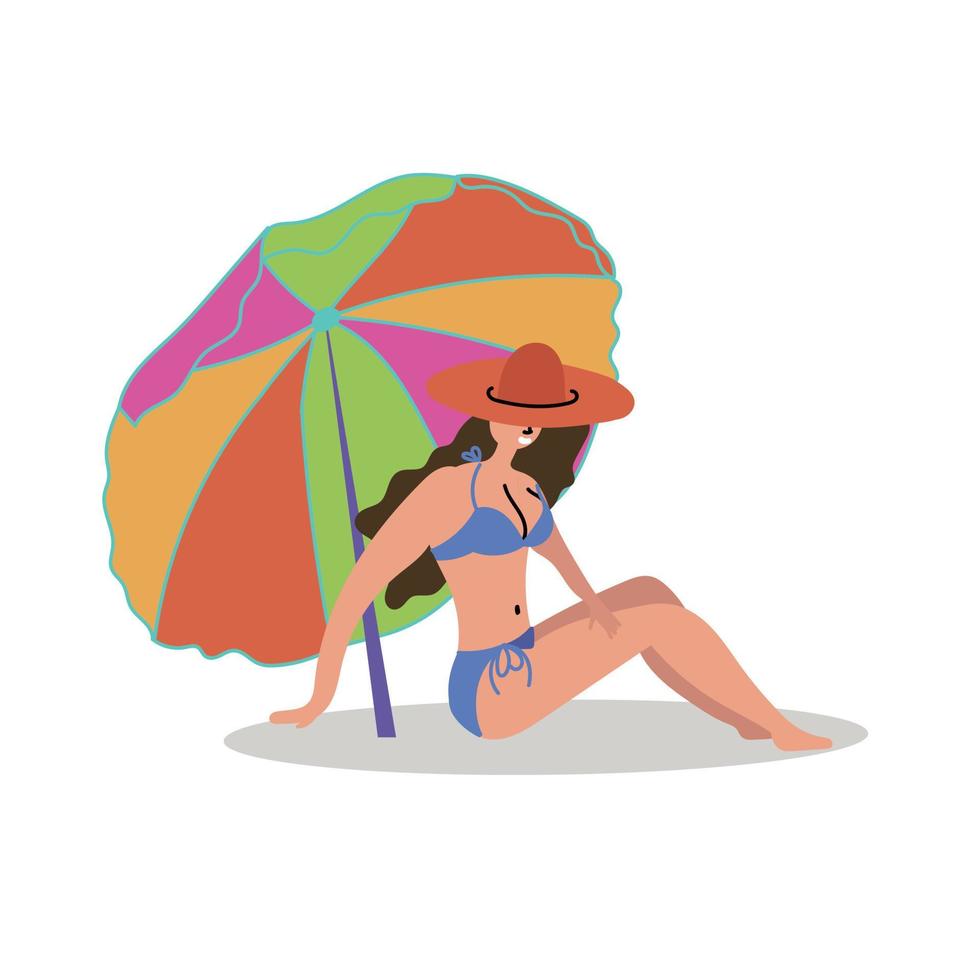 Sexy girl in a hat sunbathes on the beach under a deck chair. Mass tourism. Inspire to travel vector