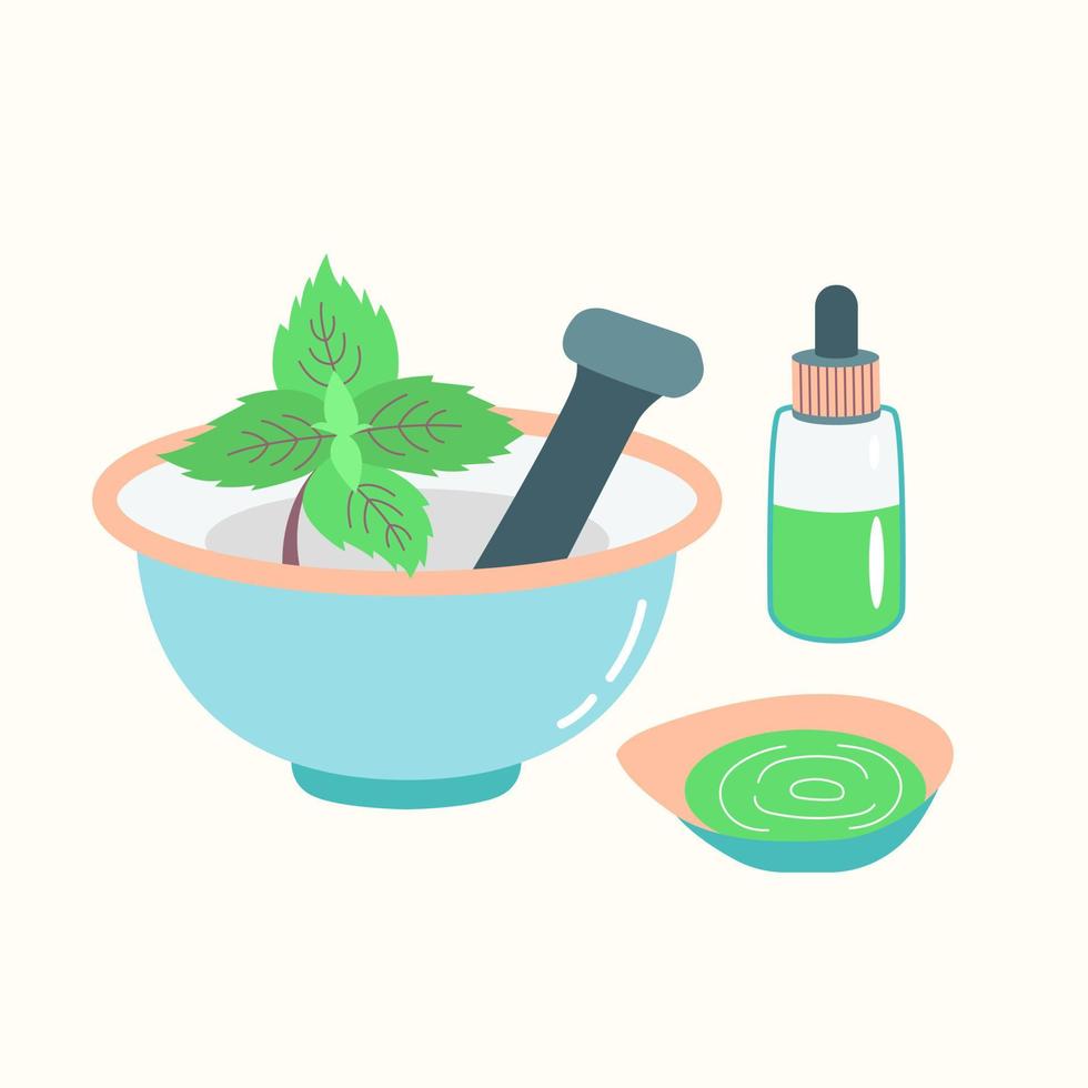 Mortar with a pusher preparation of essential oil from mint. Cosmetic procedure vector