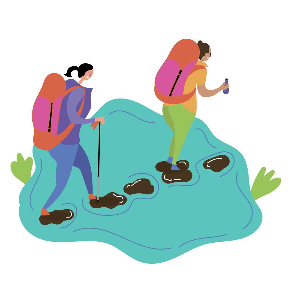 Two girls go hiking and walk along a stream with stones. Summer hike. Inspire to travel vector
