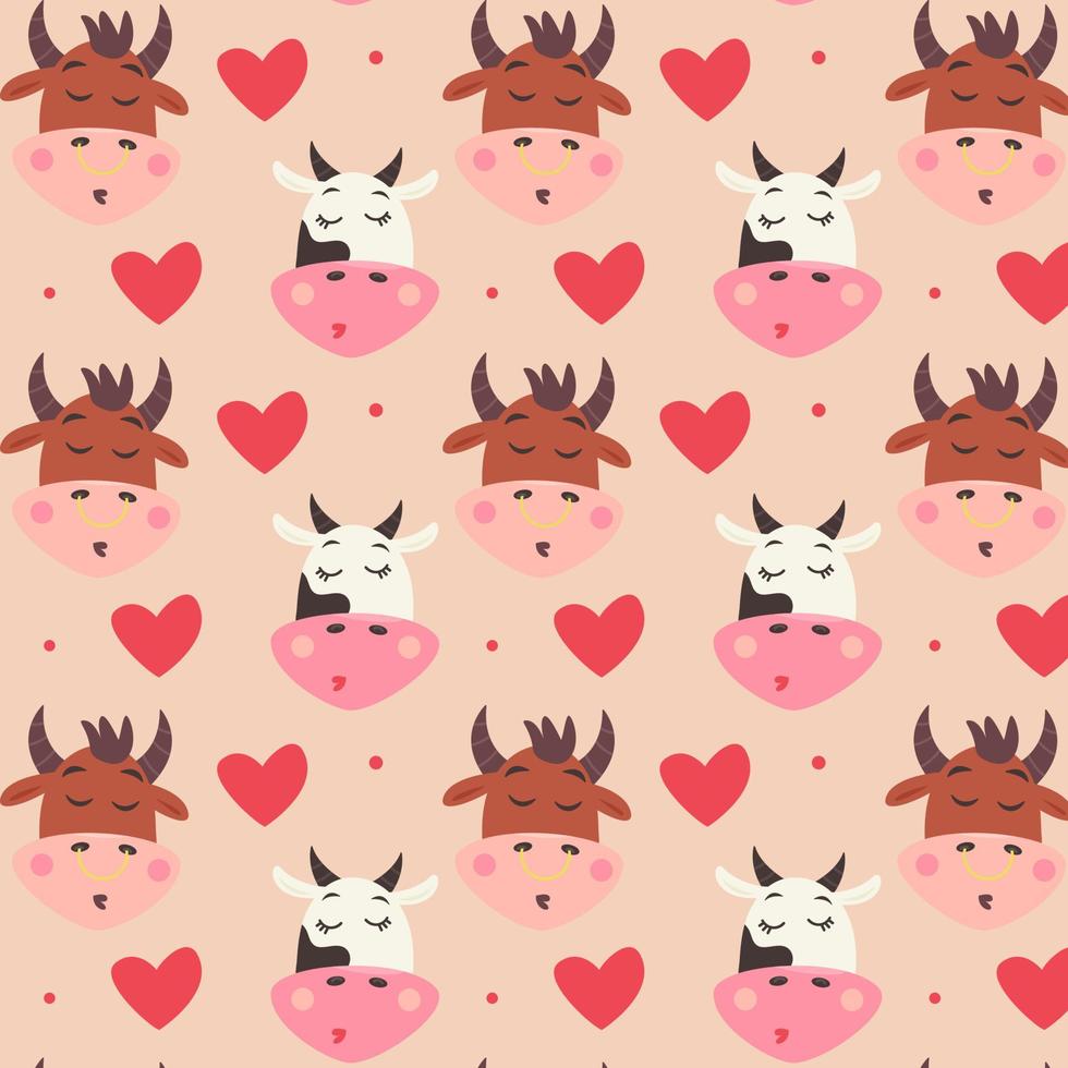 patrón de cabeza de vaca y toro con beso y corazones vector