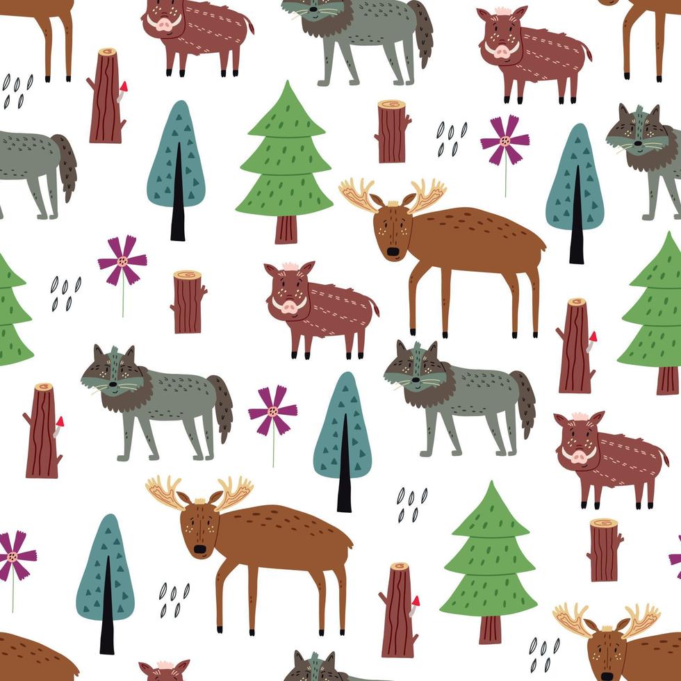 Seamless children pattern elk boar wolf vector