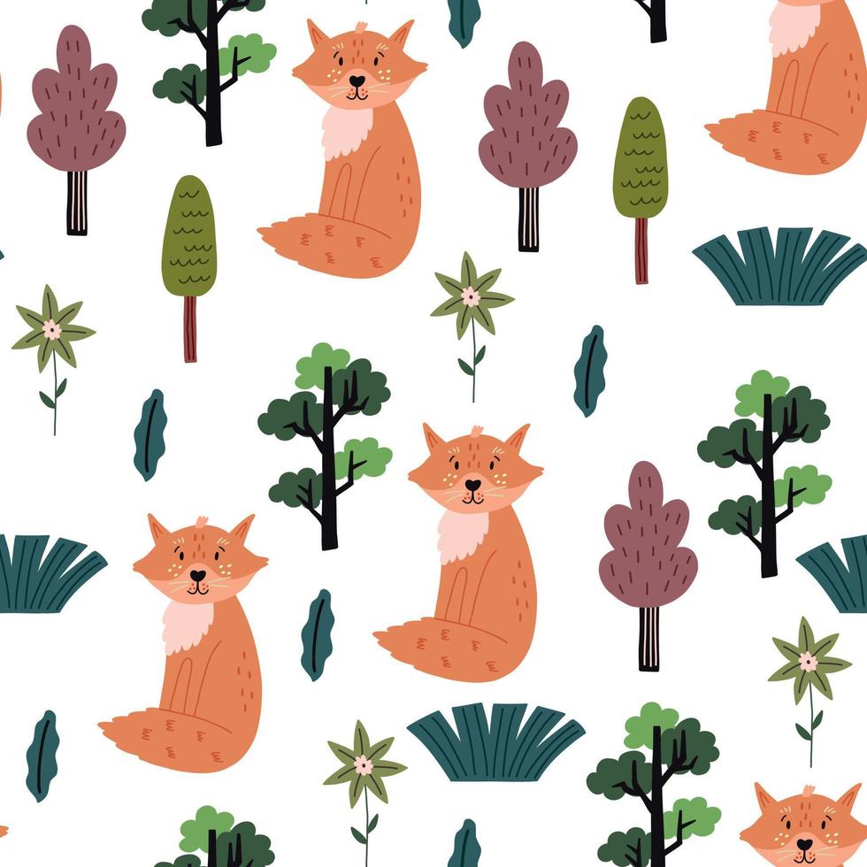 Seamless children pattern fox forest vector