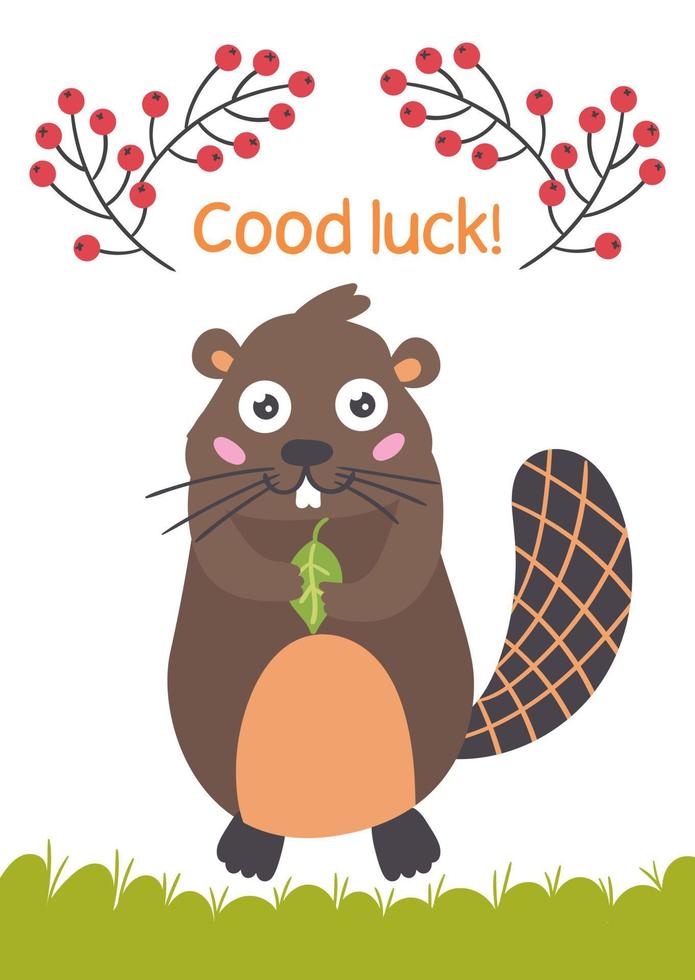 Cute beaver with a leaf. Positive children greeting card. Vector illustration