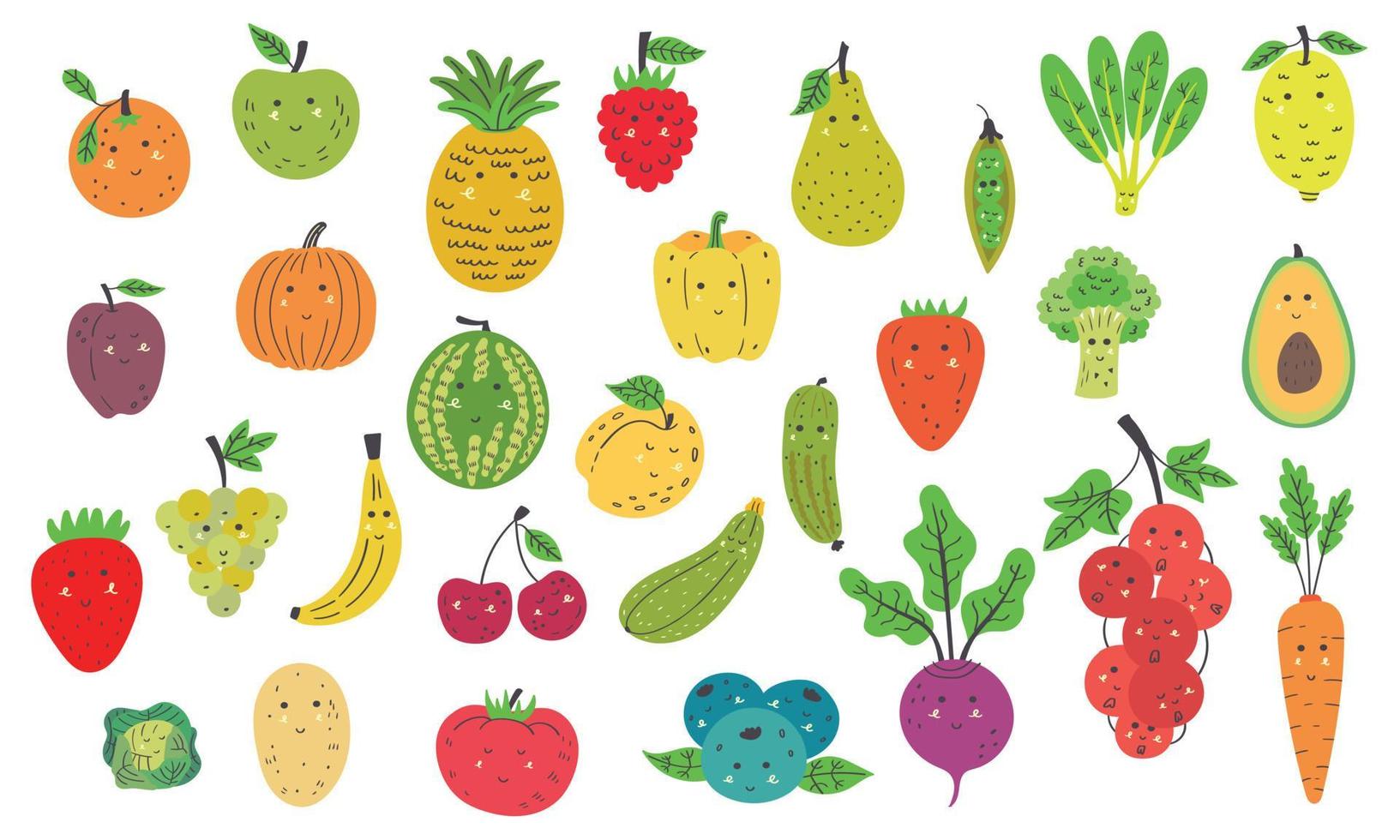 Large set of cute fruits and vegetables vector