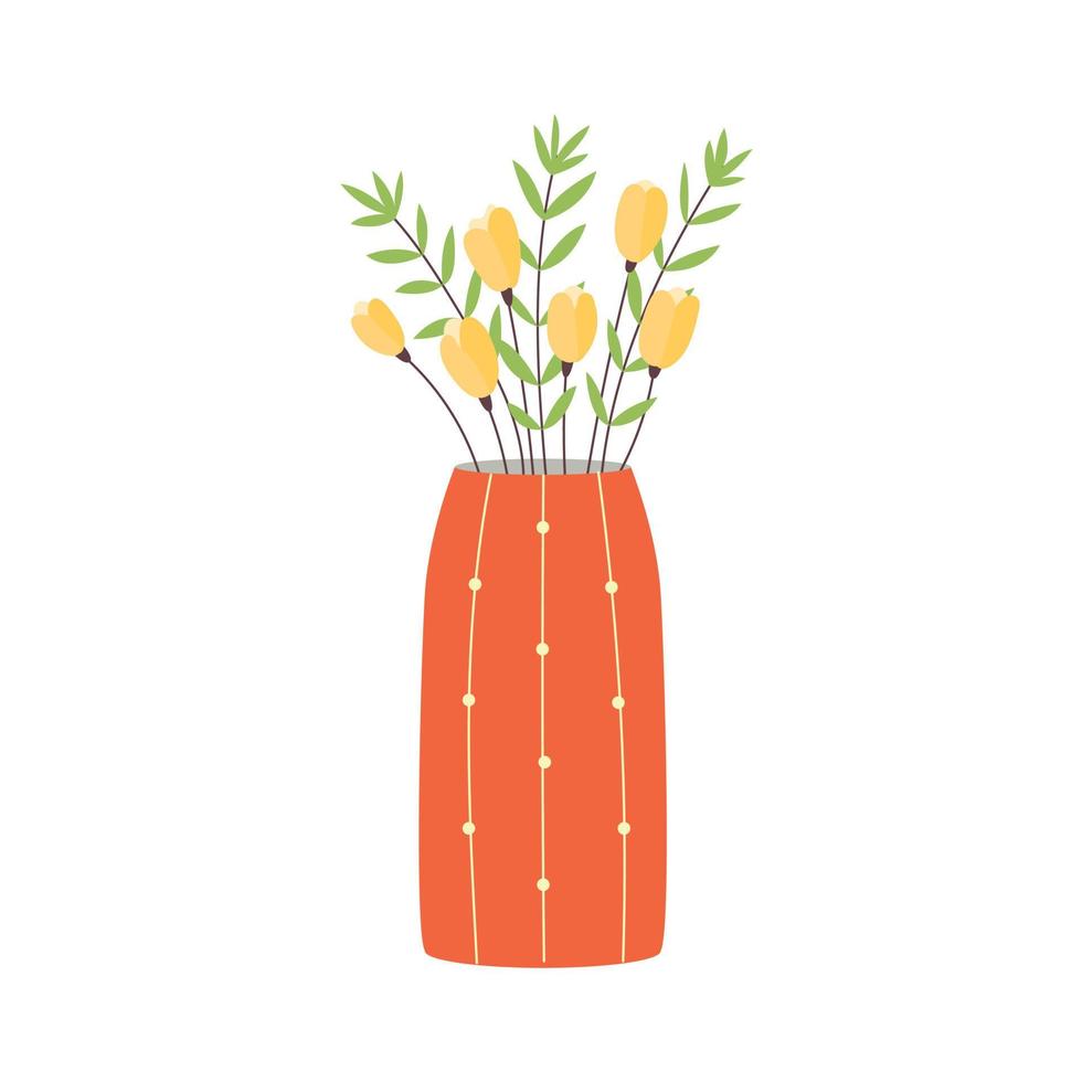 florero naranja vectorial con flores de tulipanes amarillos vector