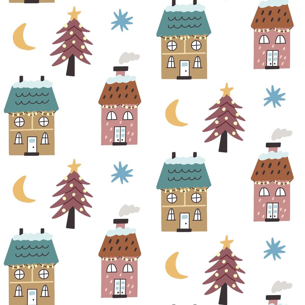Seamless pattern winter house Christmas trees moon snowflakes vector