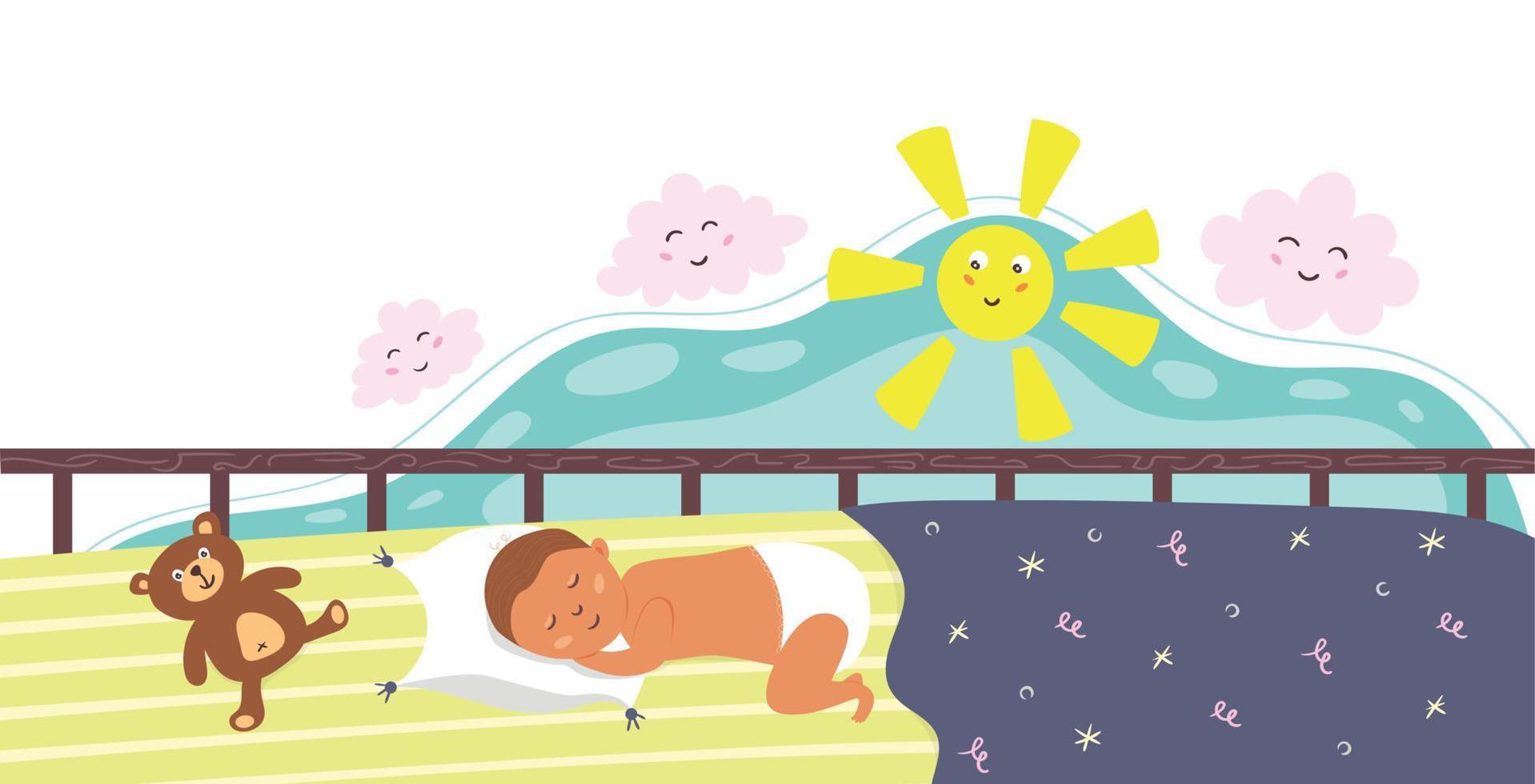 Newborn baby sleeping in a crib vector