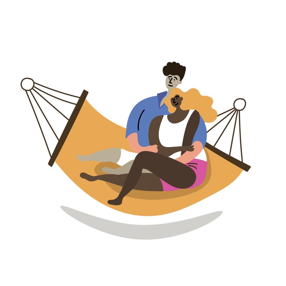 A loving couple of different nationalities resting and lying in a hammock hugging. Inspire to travel vector