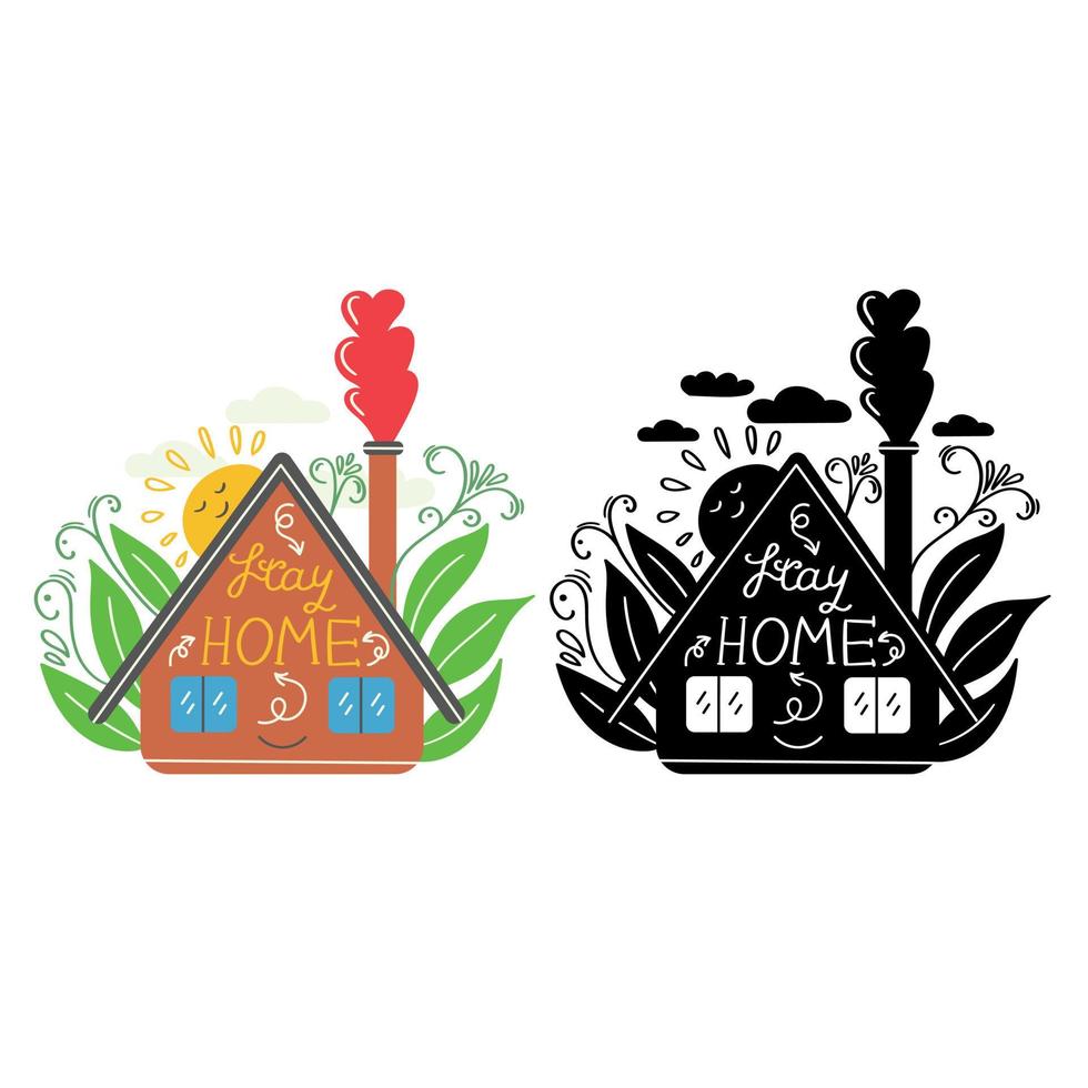 Stay home lettering under house roof with heart above chimney. Stay safe. COVID 19 or coronavirus protection. Self isolation. Virus prevention concept. Sticker symbol vector