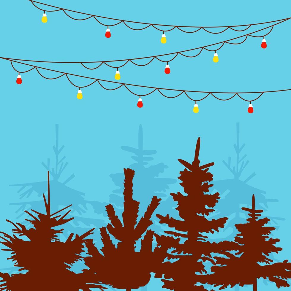 Greeting card with Christmas trees and garlands. Buying wood in the market. Bazaar. Christmas sale of holiday trees. Pine forest vector