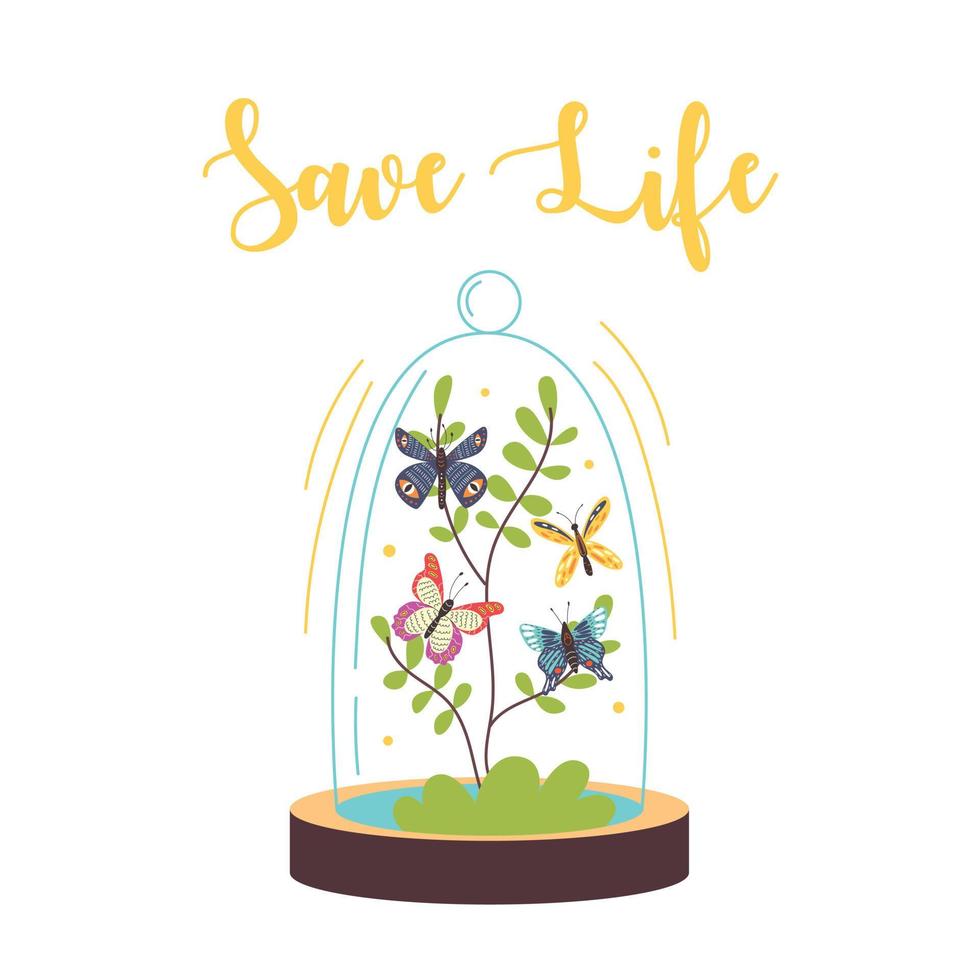 Glass terrarium with butterflies and the inscription save a life vector