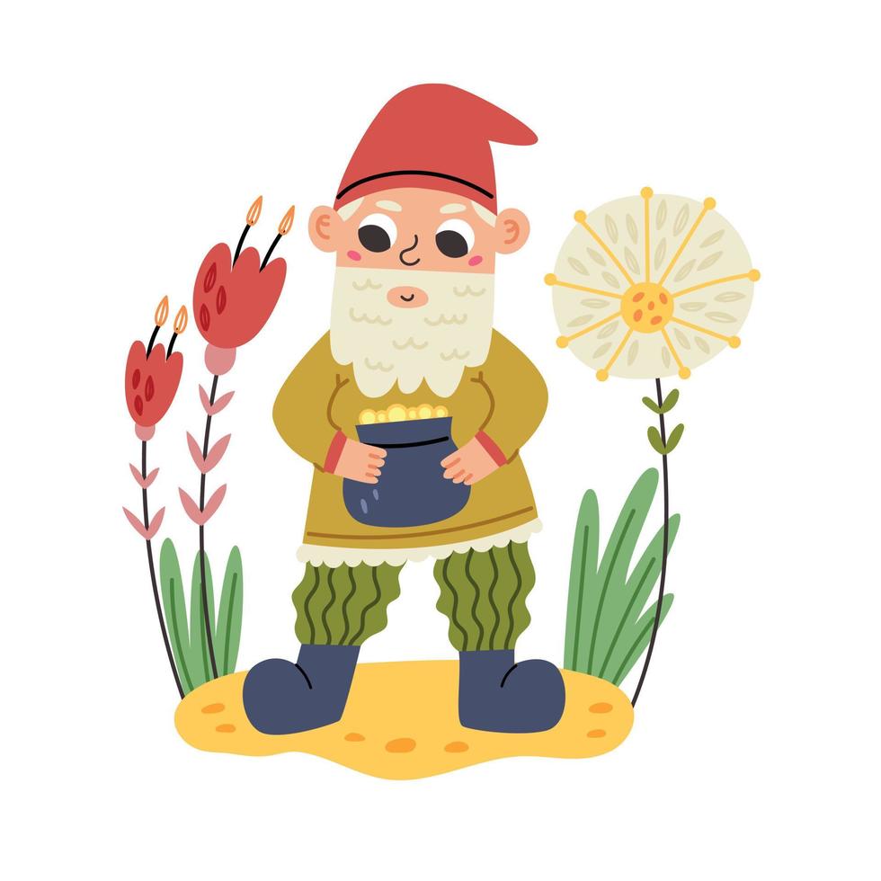 Little Gnome Holds Pot of Coins vector