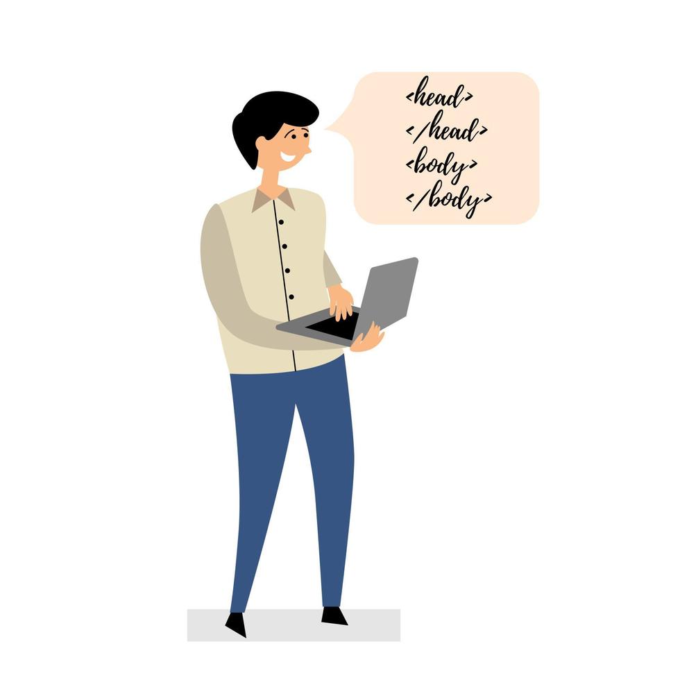 The programmer writes code on a laptop. A guy is standing with a ...