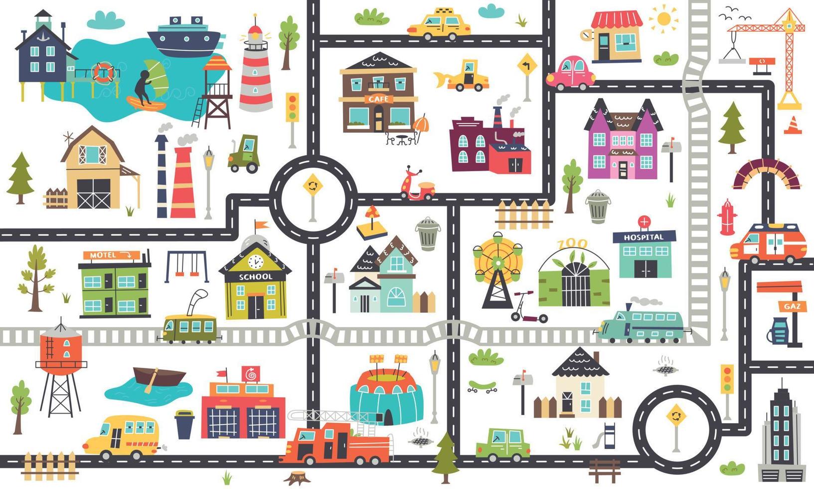 Horizontal children's map with roads, cars, buildings vector