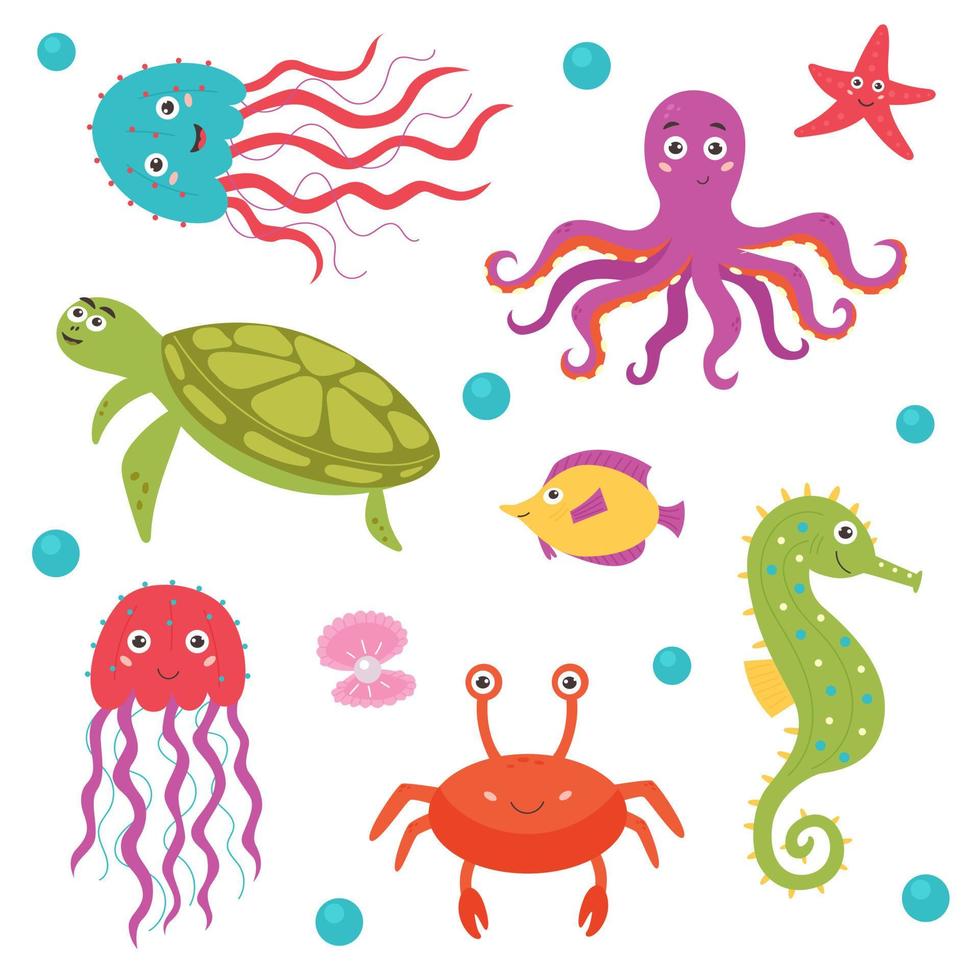 Set of bright sea creatures vector