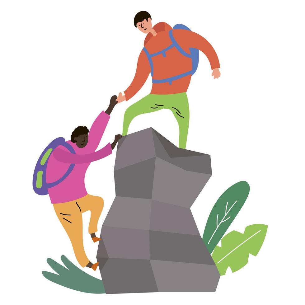 Summer sport, climbing. One guy helps to conquer the top of the mountains to another guy. Ecotourism. Summer rest. Inspire to travel vector