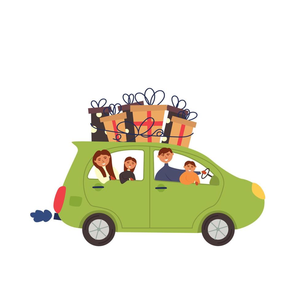 Car with family with gifts on the roof vector