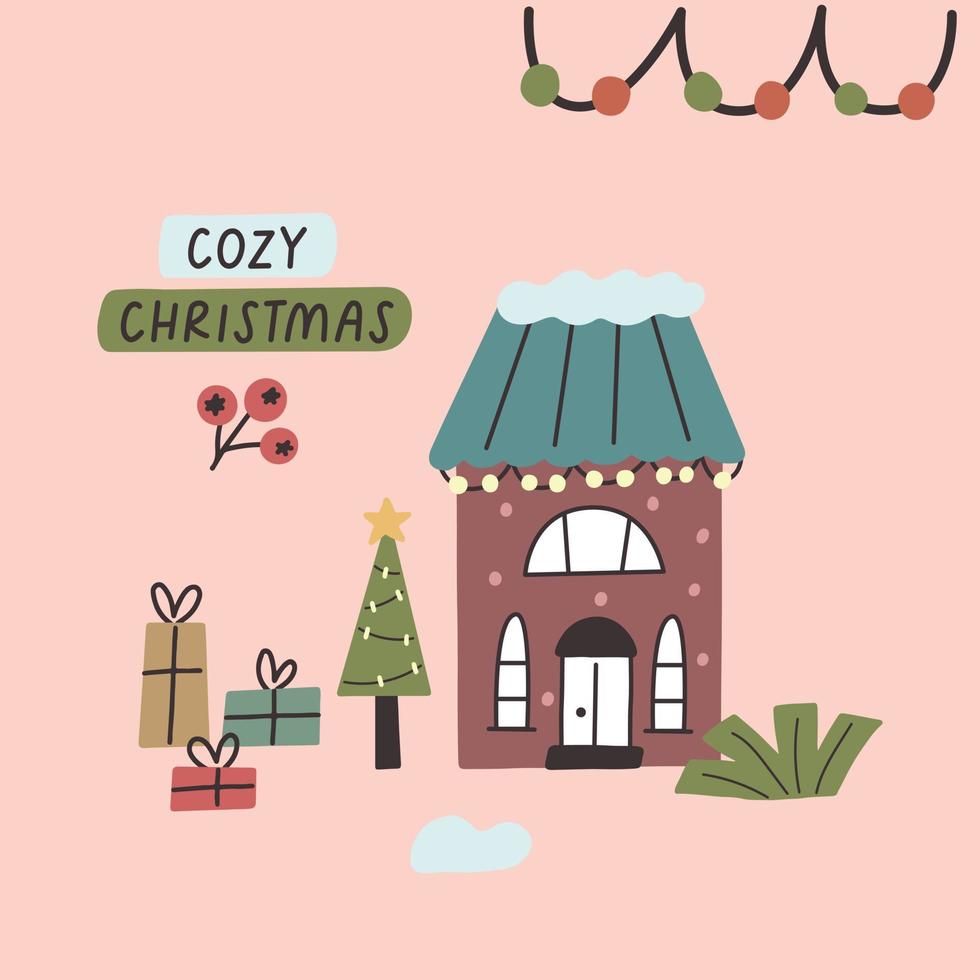 tarjeta de navidad casa de invierno con regalos vector