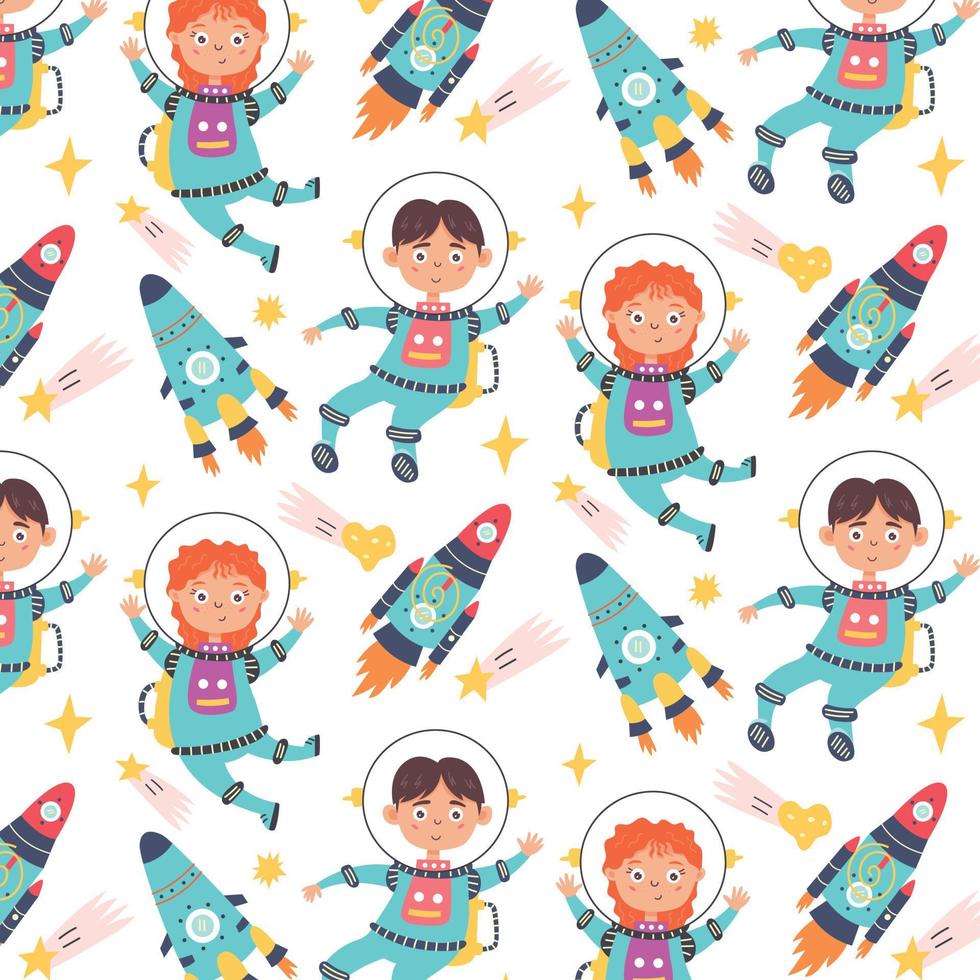 Seamless pattern with rockets and astronauts vector