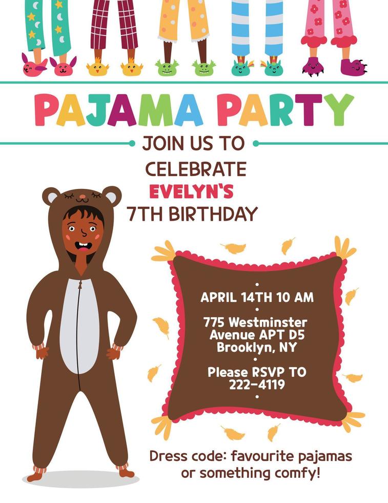 invitación de fiesta de pijamas para niños oso kigurumi vector