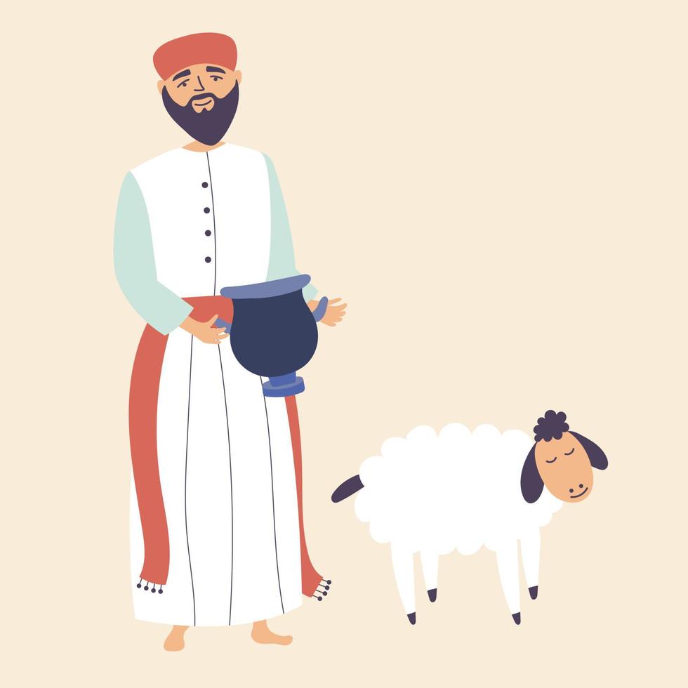 A man presents gifts to the gods. Brings in sacrifice pet. Worship of God vector