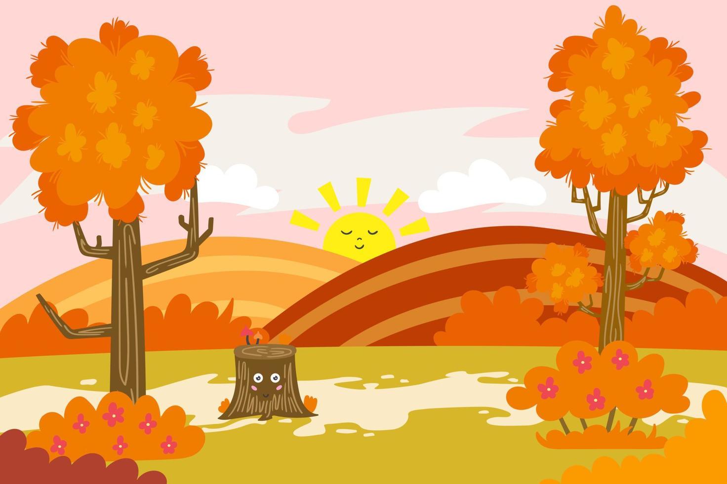 Autumn landscape of forest edge. Cartoon forest nature vertical background with trees and meadows. Vector illustration