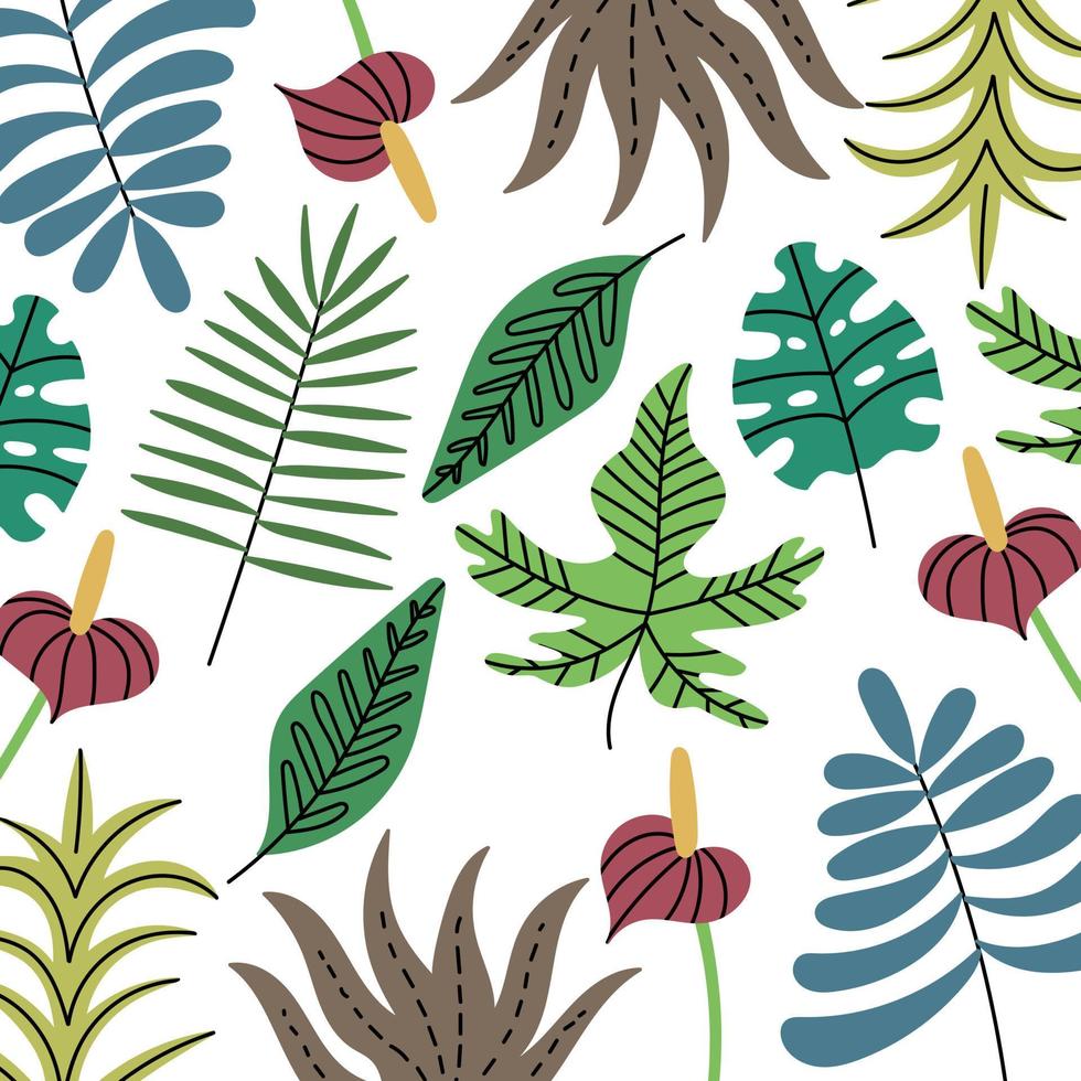 Background of various tropical jungle plants. Exotic leaves pattern. Editable Vector Illustration