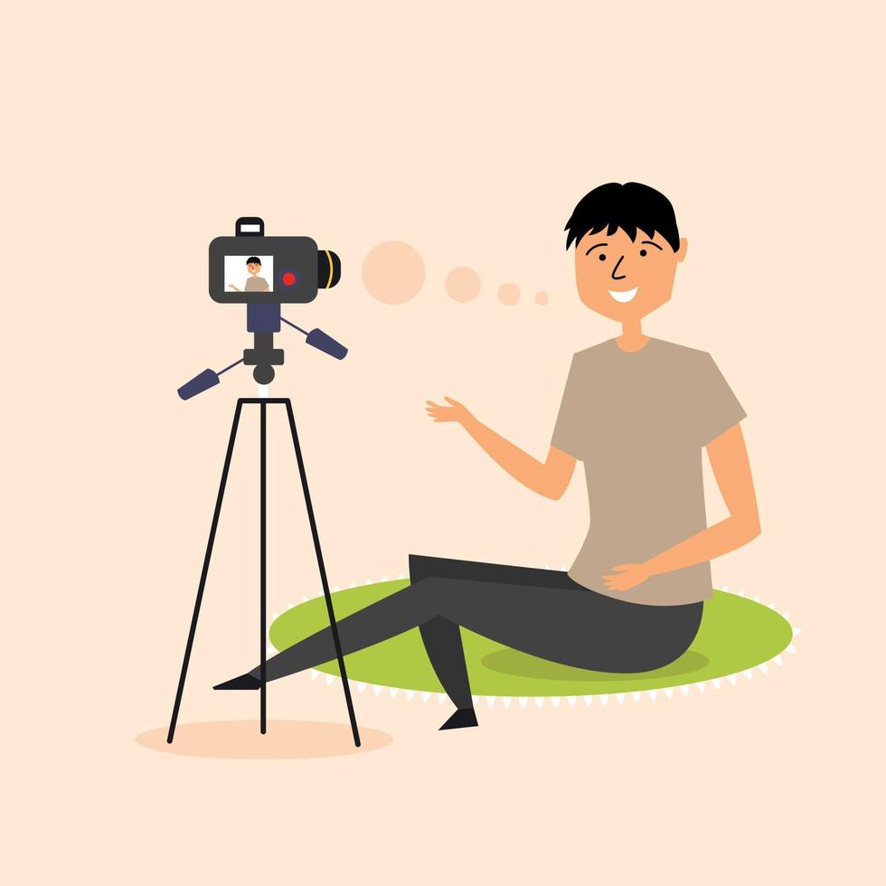 The girl writes a video blog on a SLR camera. Modern blogger vector