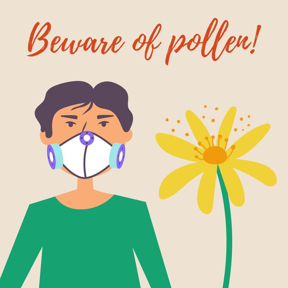 A guy in a protective mask suffers from allergies. Allergy to pollen of flowers vector
