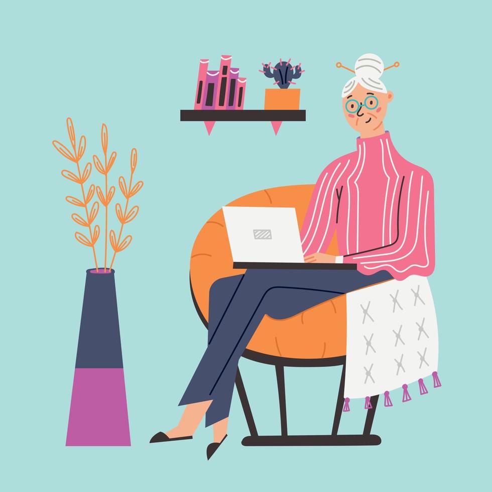 Happy grandmother sits in chair at laptop computer vector