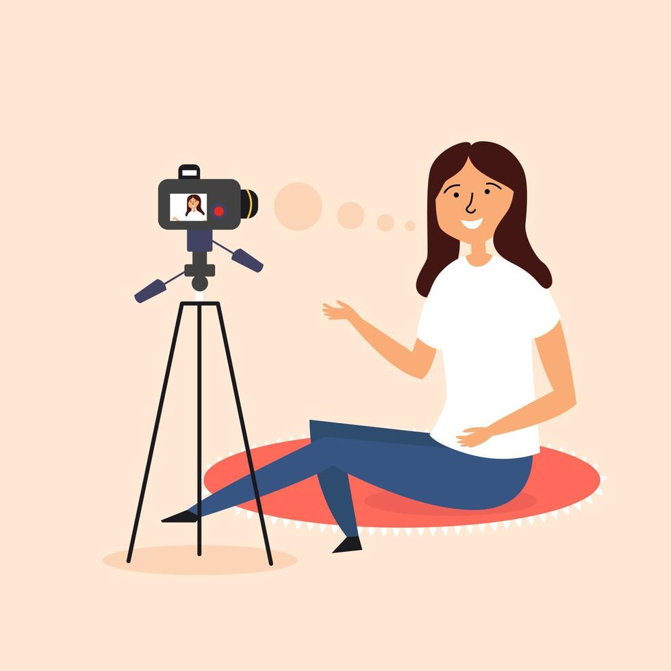 The girl writes a video blog on a SLR camera. Modern blogger vector