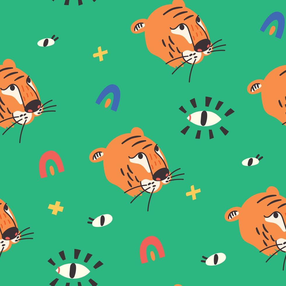 Seamless pattern tiger face eyes on green background vector